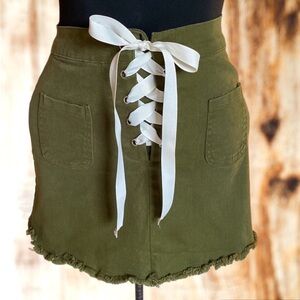 Khaki Green Fringed Hem Cutoff Jean Skirt with Grommets and Cream Ribbon Small